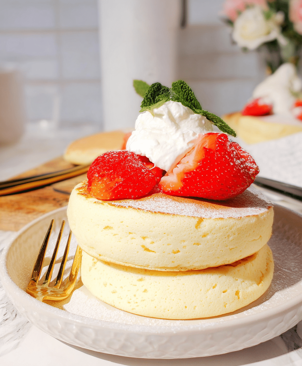 Fluffy Japanese souffle pancakes topped with whipped cream and fresh strawberries