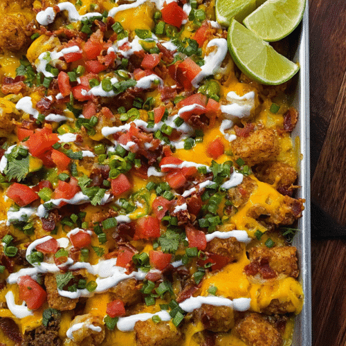 Loaded tater tot nachos topped with melted cheese, ground beef, avocado, tomatoes, and cilantro.
