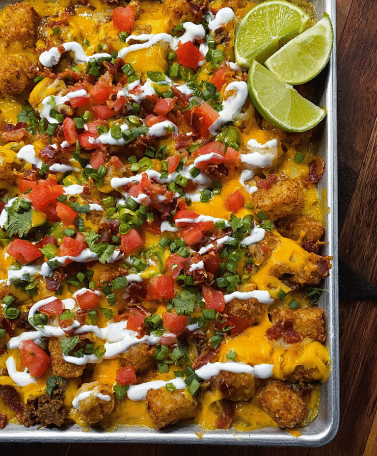 Loaded tater tot nachos topped with melted cheese, ground beef, avocado, tomatoes, and cilantro.