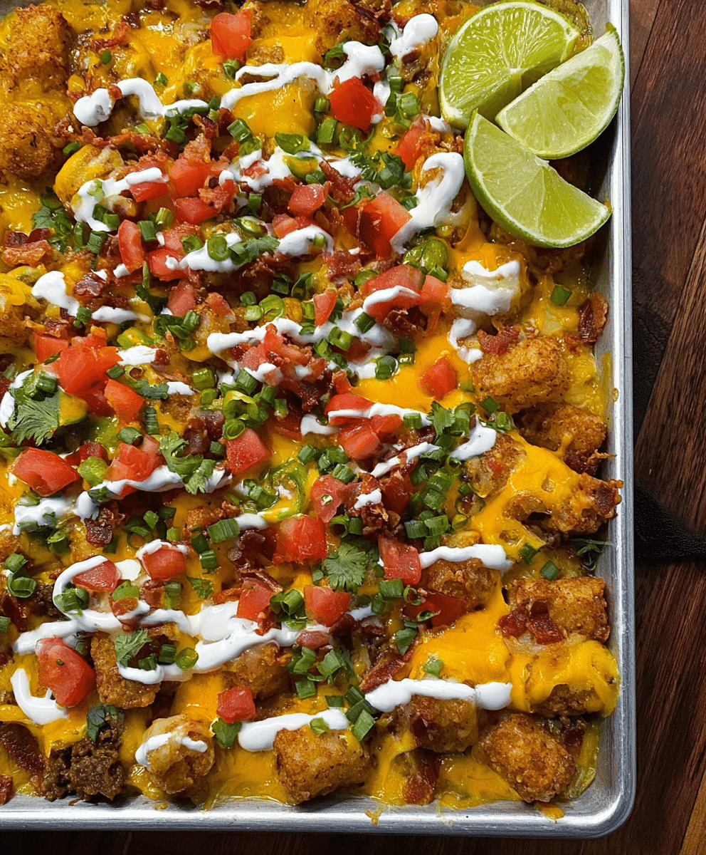 Loaded tater tot nachos topped with melted cheese, ground beef, avocado, tomatoes, and cilantro.