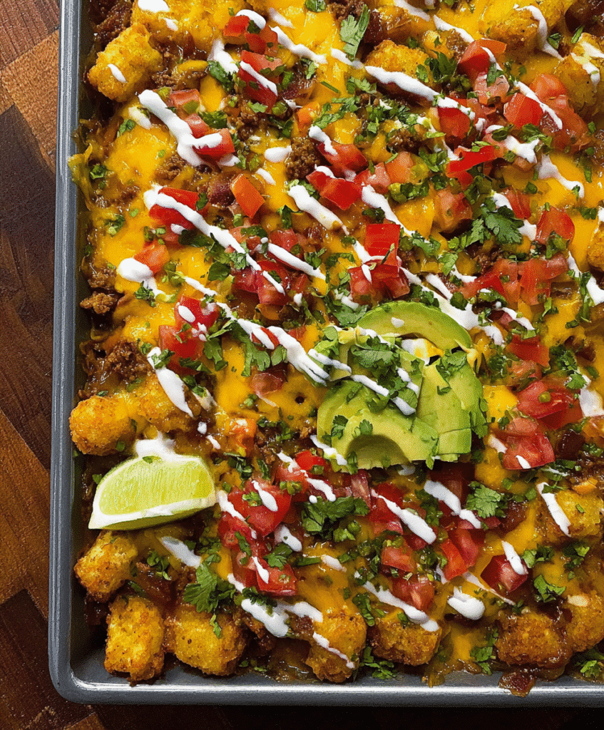 Cheesy tater tot nacho bake with sour cream drizzle, fresh tomatoes, lime wedges and avocado.