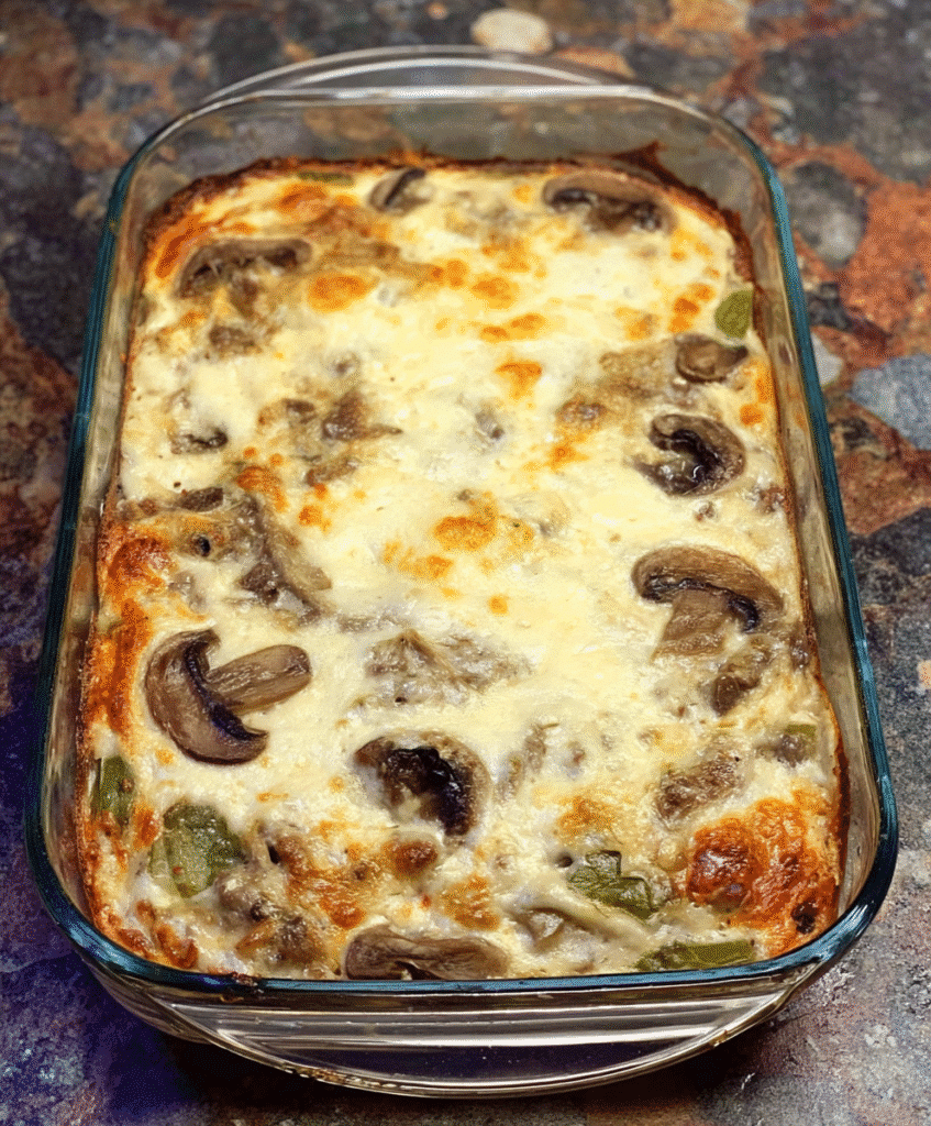 A homemade Philly Cheesesteak Casserole in a glass baking dish, topped with melted cheese, mushrooms, and green peppers baked until golden brown.