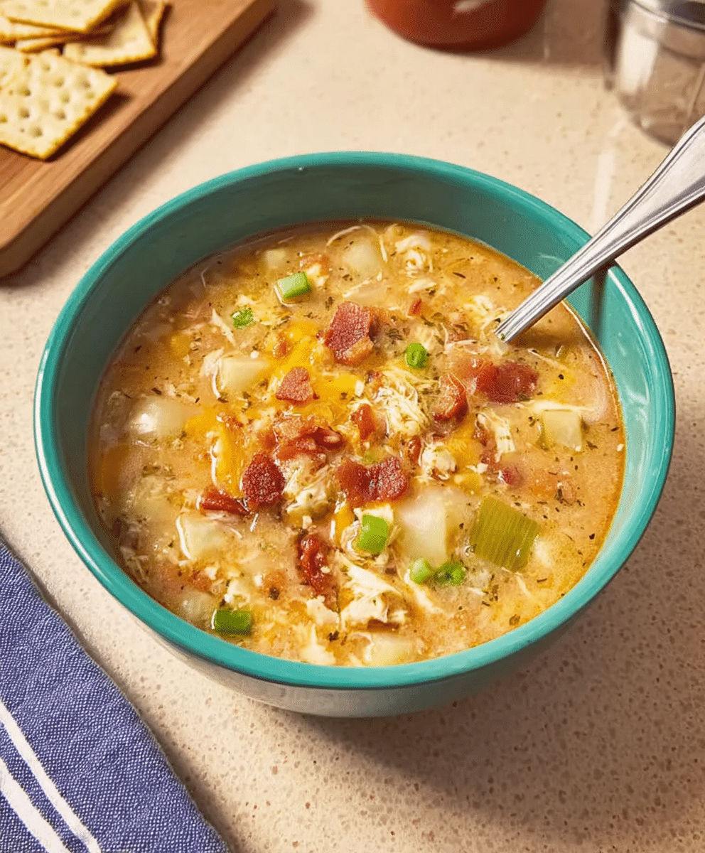Bowl of creamy chicken soup with potatoes, bacon, melted cheese and green onions, served on a countertop with crackers on the side, warm cozy comfort food.
