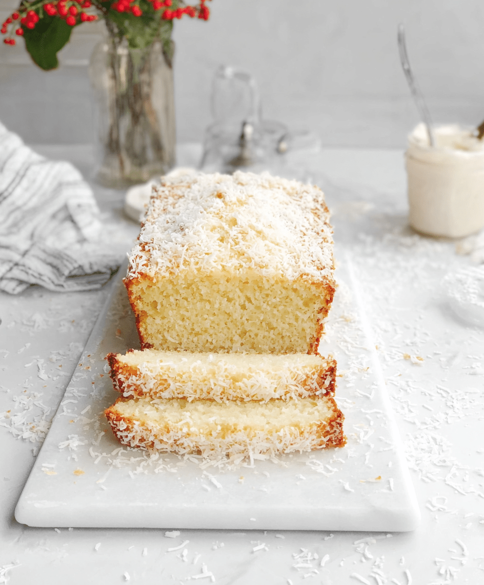 Homemade moist coconut loaf cake sliced on white marble board with shredded coconut