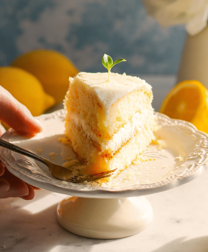 Fluffy homemade lemon cake slice with frosting and fresh sprout decoration, bright spring dessert