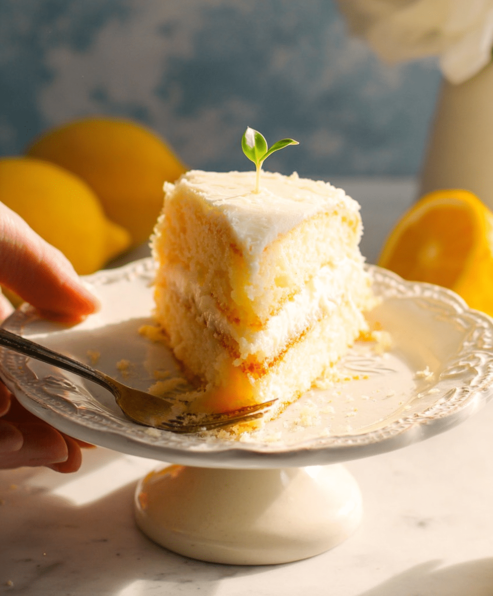 Fluffy homemade lemon cake slice with frosting and fresh sprout decoration, bright spring dessert