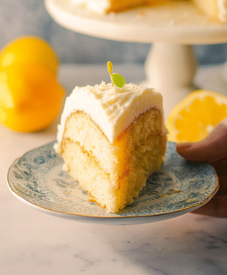 Slice of moist lemon layer cake with creamy frosting on a white cake stand in natural sunlight
