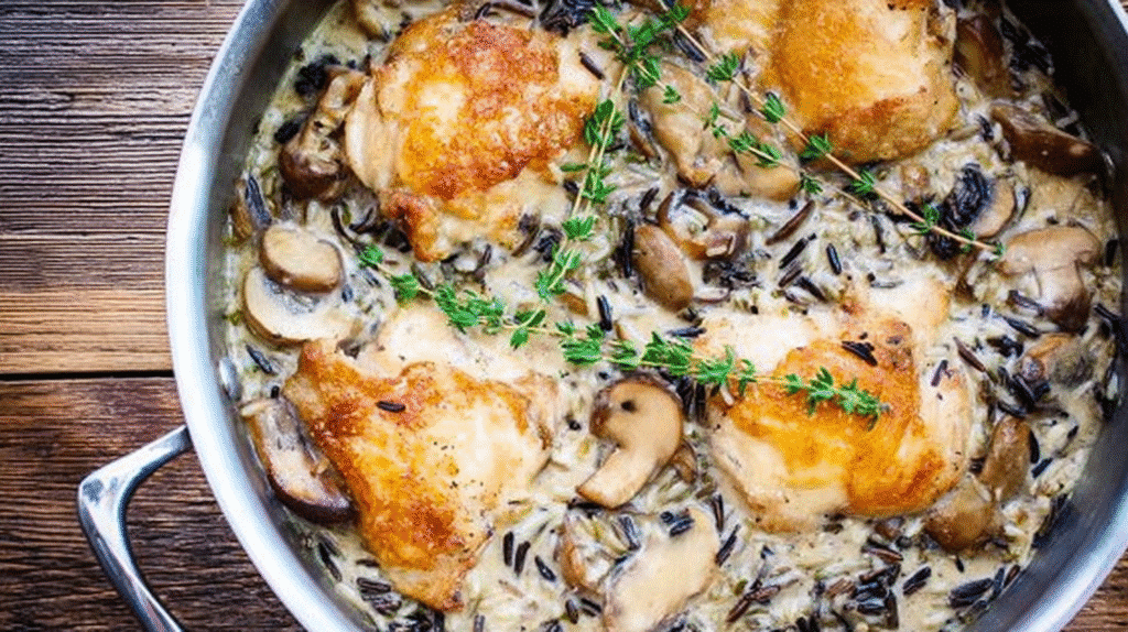 Creamy chicken thighs with mushrooms and wild rice in skillet, topped with fresh thyme