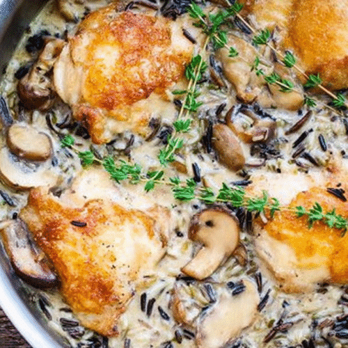 Creamy chicken thighs with mushrooms and wild rice in skillet, topped with fresh thyme