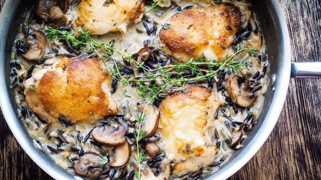 Creamy chicken thighs with mushrooms and wild rice in skillet, topped with fresh thyme
