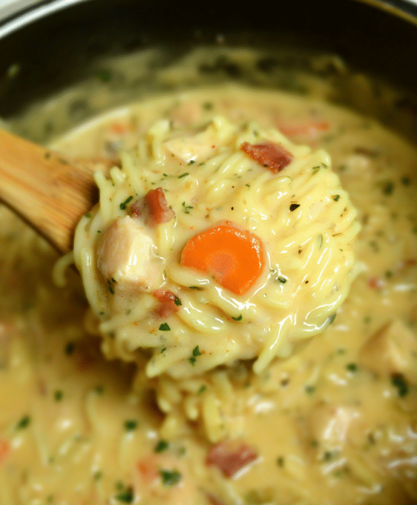 Close-up of a creamy chicken noodle soup with carrots, tender chicken pieces, and herbs in a thick broth.