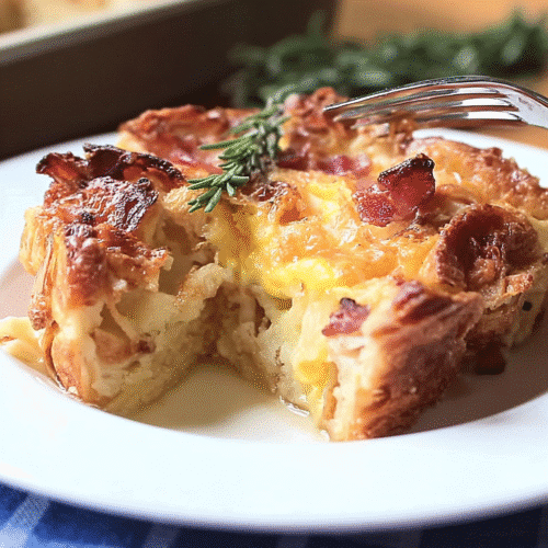 Melted cheese oozing from a golden, flaky croissant breakfast casserole on a white plate, perfect for a cozy morning meal.