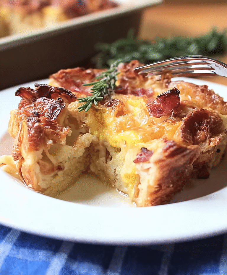 Melted cheese oozing from a golden, flaky croissant breakfast casserole on a white plate, perfect for a cozy morning meal.