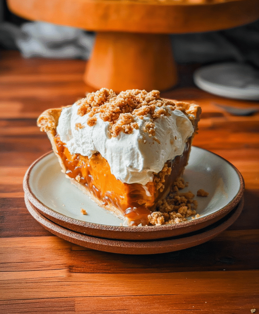 Slice of pumpkin caramel pie topped with whipped cream and crumble on a rustic plate.