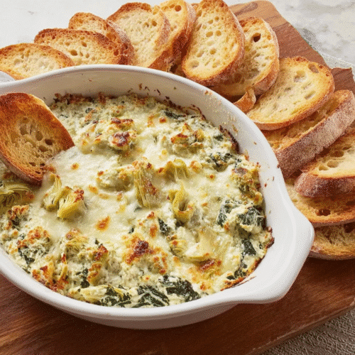 Creamy golden-baked spinach artichoke dip served in white dish with crispy toasted baguette slices on wooden board.