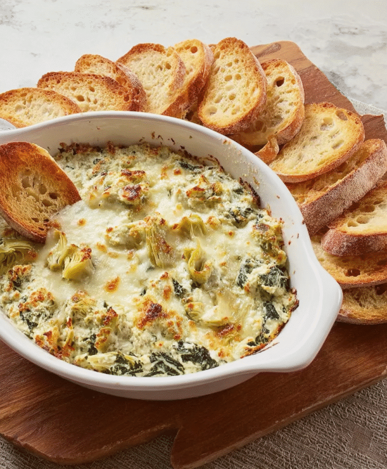 Creamy golden-baked spinach artichoke dip served in white dish with crispy toasted baguette slices on wooden board.