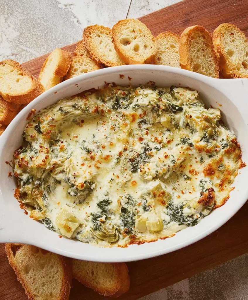 Creamy golden-baked spinach artichoke dip served in white dish with crispy toasted baguette slices on wooden board.