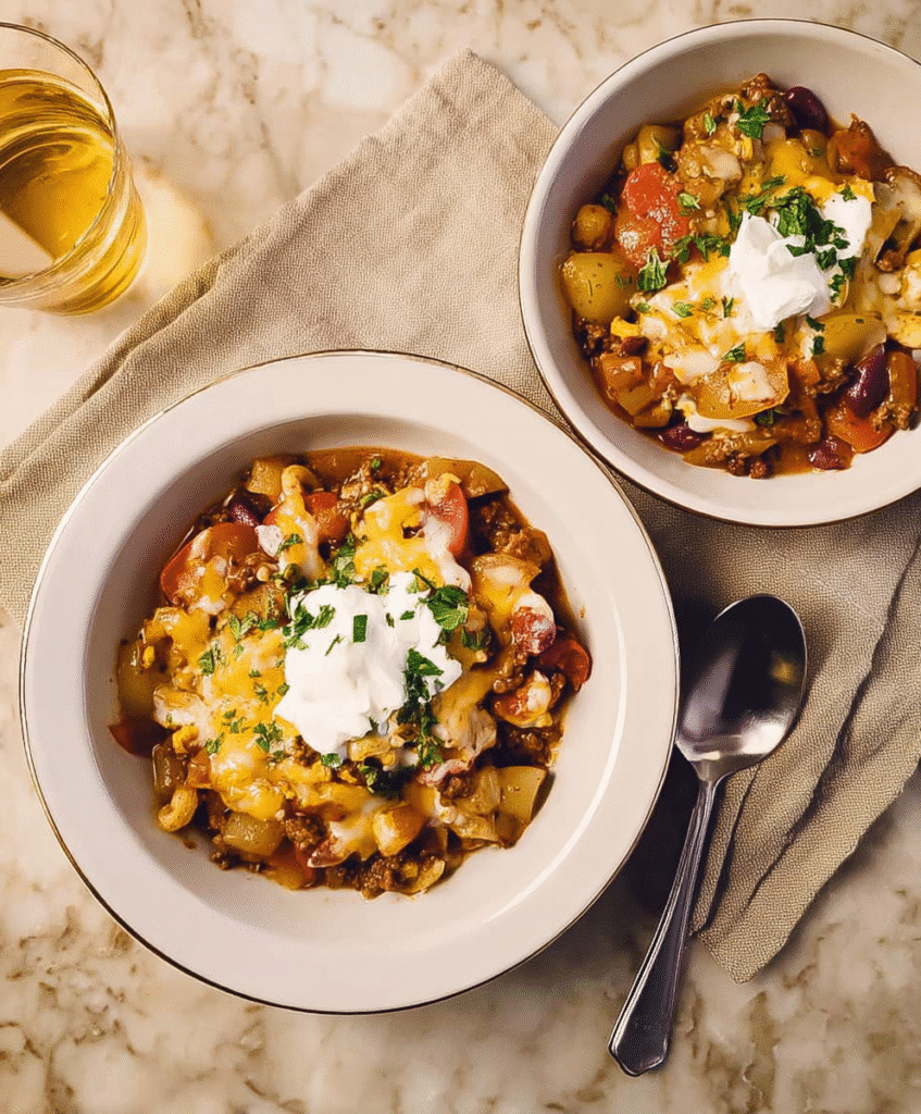 A bowl of slow-cooked cowboy casserole with ground beef, kidney beans, diced potatoes, cheese, and a dollop of sour cream, topped with fresh parsley.