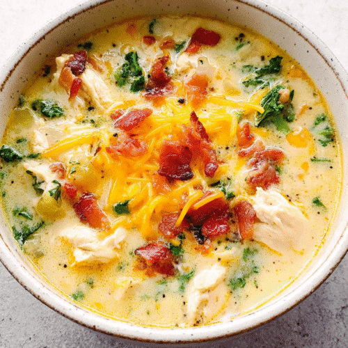 Bowl of creamy crack chicken soup topped with crispy bacon, shredded cheese, and fresh herbs.