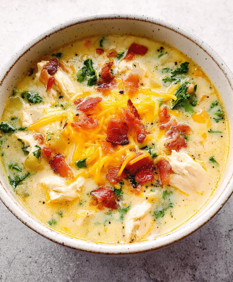 Bowl of creamy crack chicken soup topped with crispy bacon, shredded cheese, and fresh herbs.