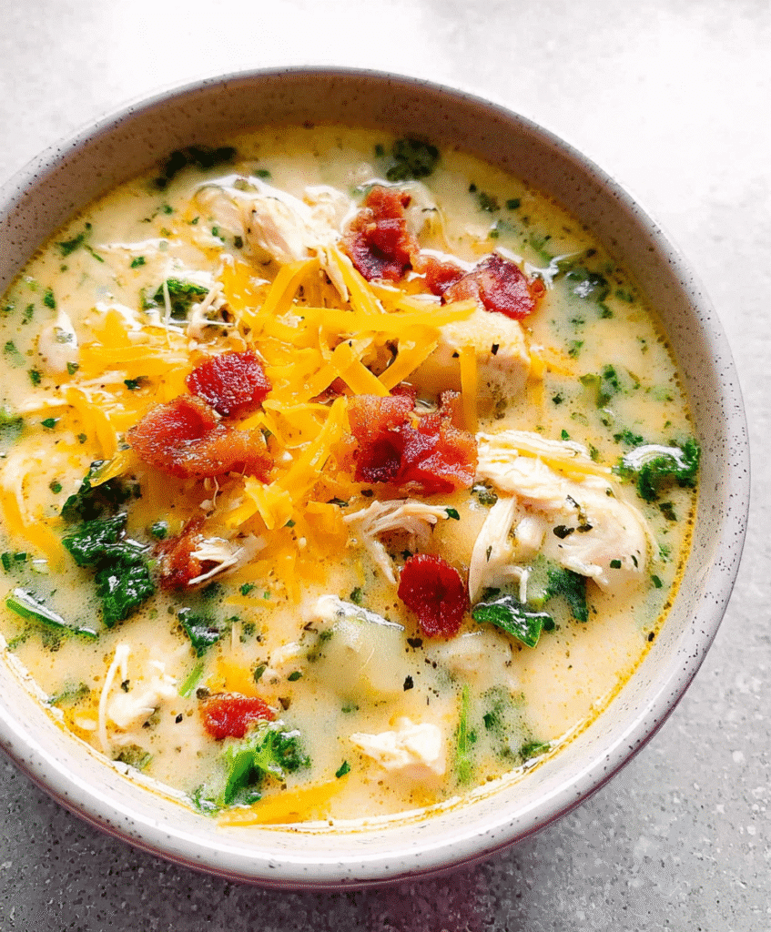 Bowl of creamy crack chicken soup topped with crispy bacon, shredded cheese, and fresh herbs.