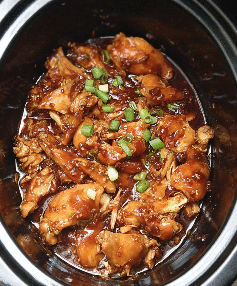 Tender chicken cooked in a sweet honey garlic sauce, topped with green onions and sesame seeds, in a slow cooker.