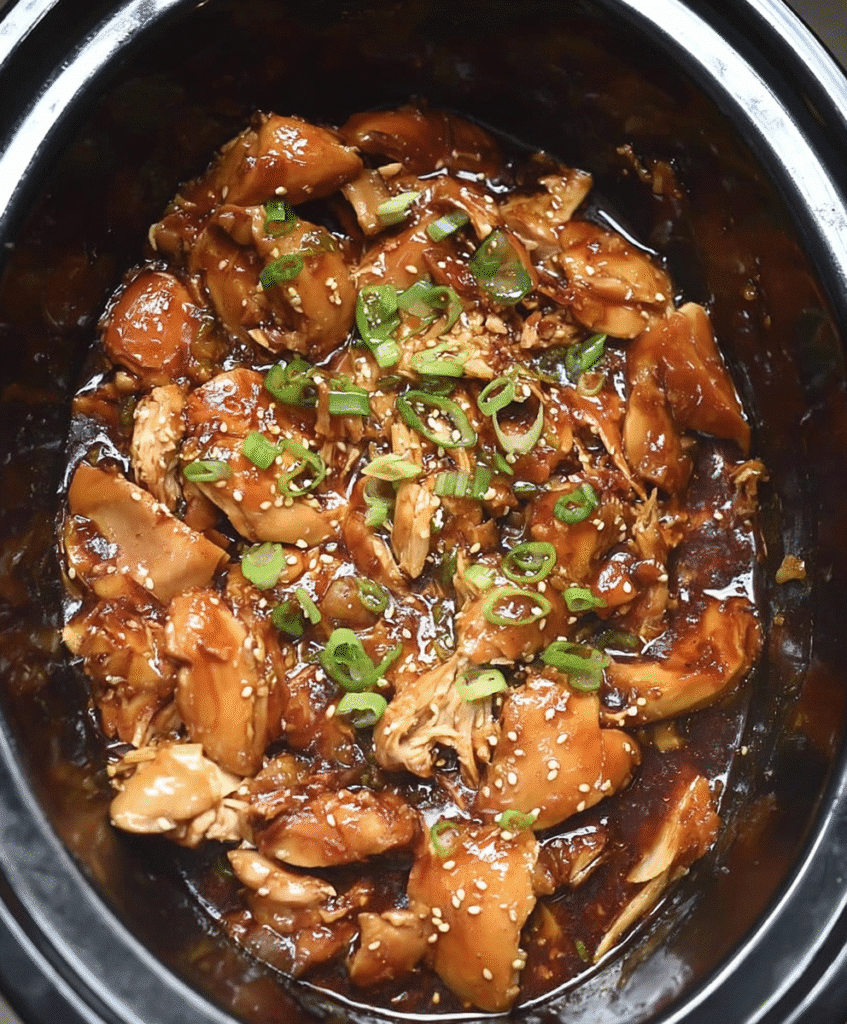 Tender chicken cooked in a sweet honey garlic sauce, topped with green onions and sesame seeds, in a slow cooker.