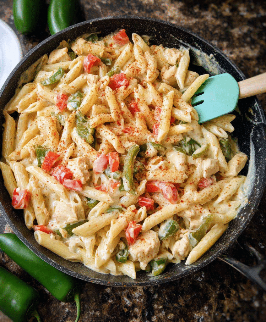 Close-up of spicy chicken rattlesnake pasta with penne, bell peppers, and creamy sauce in a skillet, garnished with paprika and surrounded by fresh jalapeños.