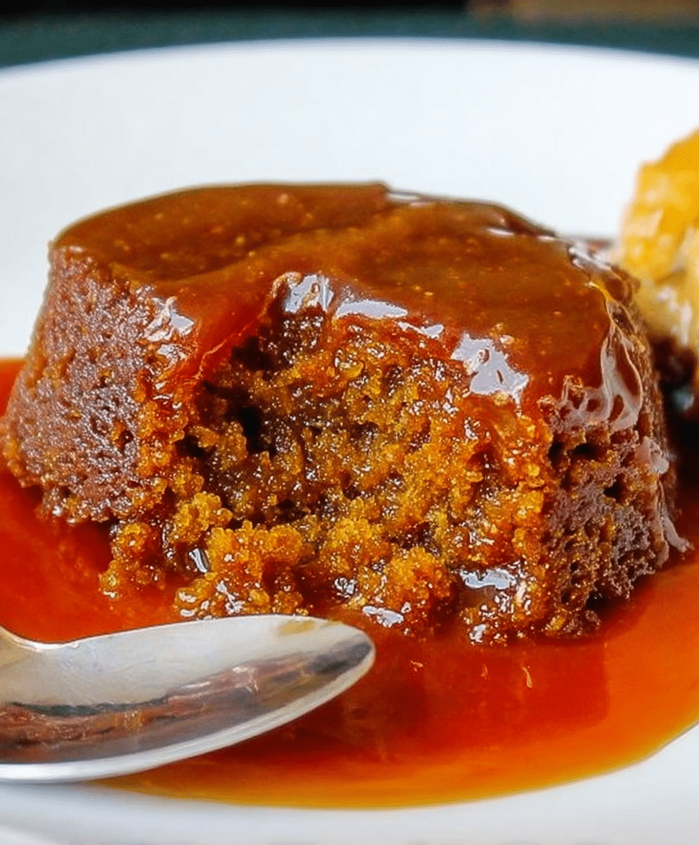 Warm sticky toffee pudding with rich caramel sauce, moist sponge cake broken open on a white plate.