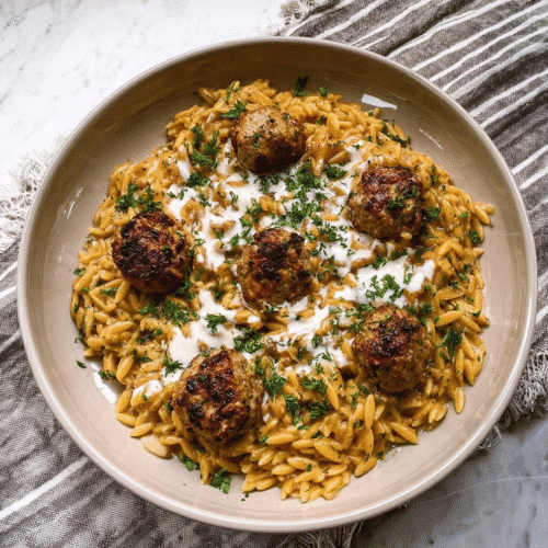 Creamy Swedish Meatball Orzo served in a shallow bowl, topped with golden-brown meatballs, fresh parsley, and a drizzle of cream on a marble surface.