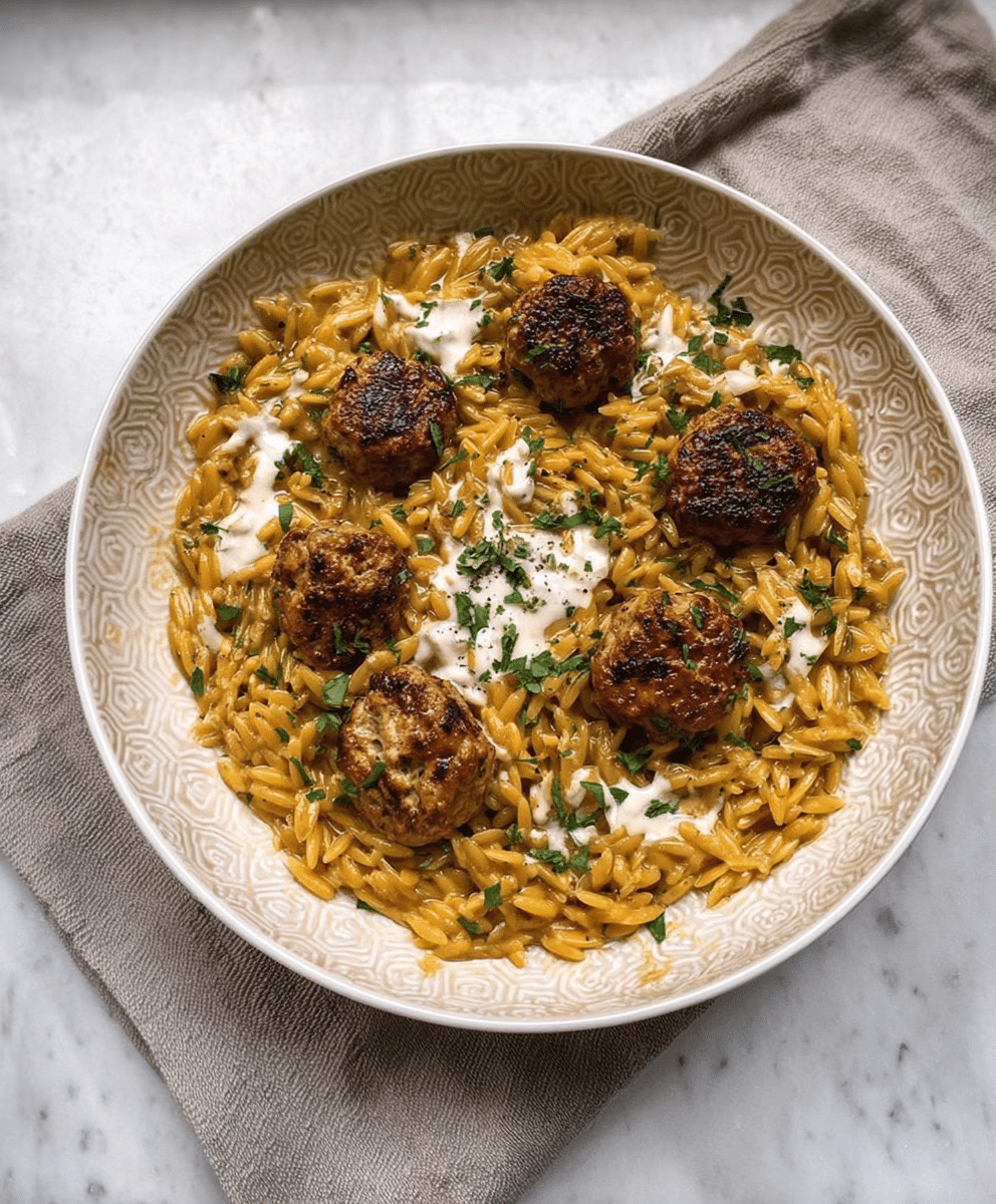 Creamy Swedish Meatball Orzo served in a shallow bowl, topped with golden-brown meatballs, fresh parsley, and a drizzle of cream on a marble surface.