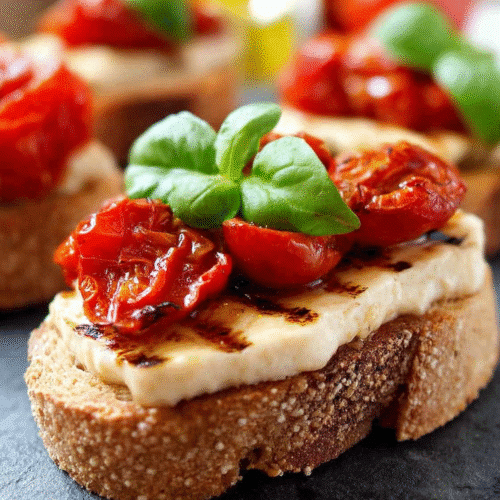 Toasted bruschetta topped with creamy cheese, roasted cherry tomatoes, balsamic drizzle, and fresh basil leaves, elegant Italian appetizer