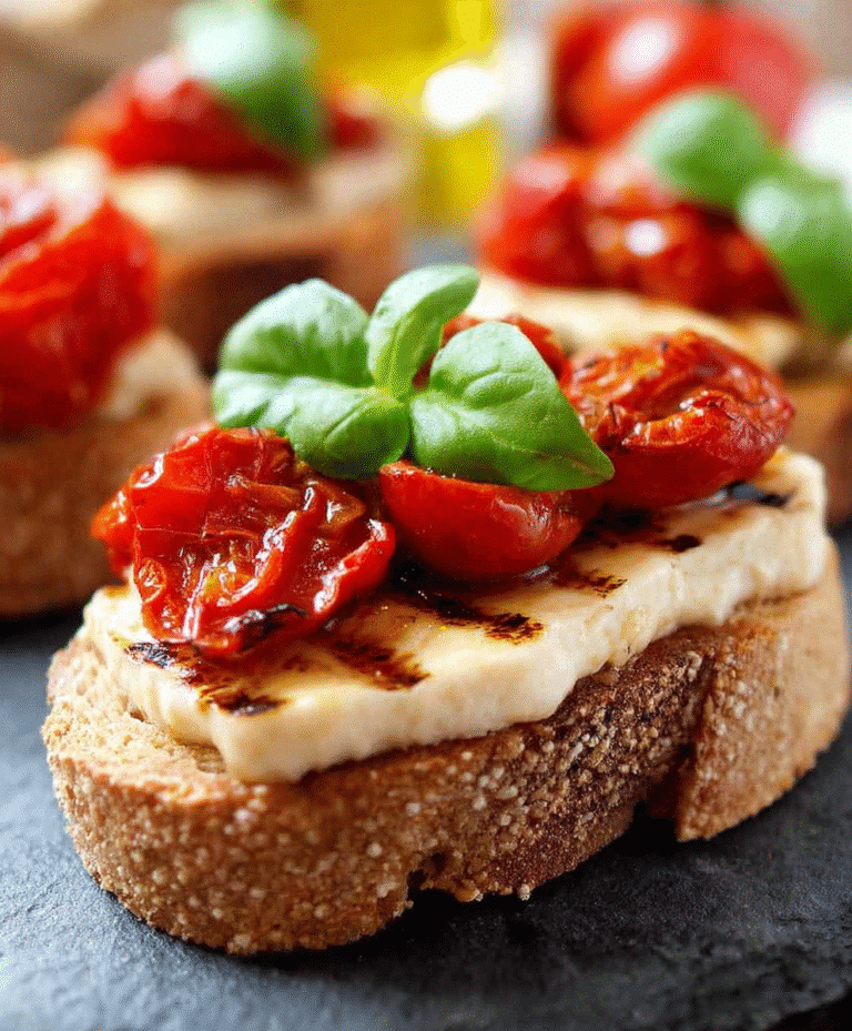 Toasted bruschetta topped with creamy cheese, roasted cherry tomatoes, balsamic drizzle, and fresh basil leaves, elegant Italian appetizer