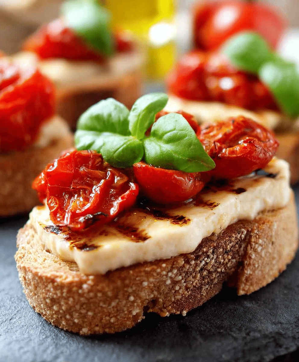 Toasted bruschetta topped with creamy cheese, roasted cherry tomatoes, balsamic drizzle, and fresh basil leaves, elegant Italian appetizer