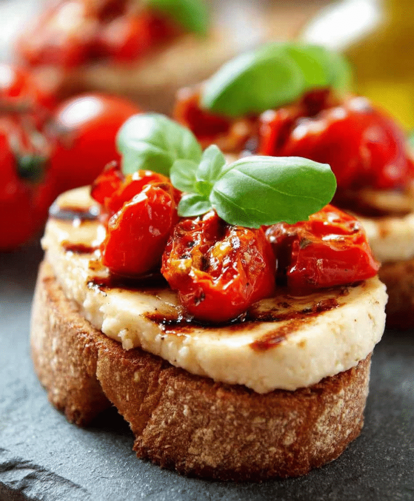 Toasted bruschetta topped with creamy cheese, roasted cherry tomatoes, balsamic drizzle, and fresh basil leaves, elegant Italian appetizer