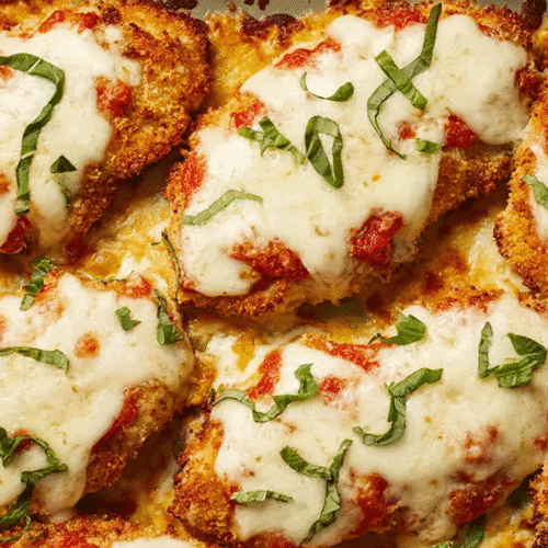 Baked parmesan chicken topped with melted mozzarella, tomato sauce, and fresh basil