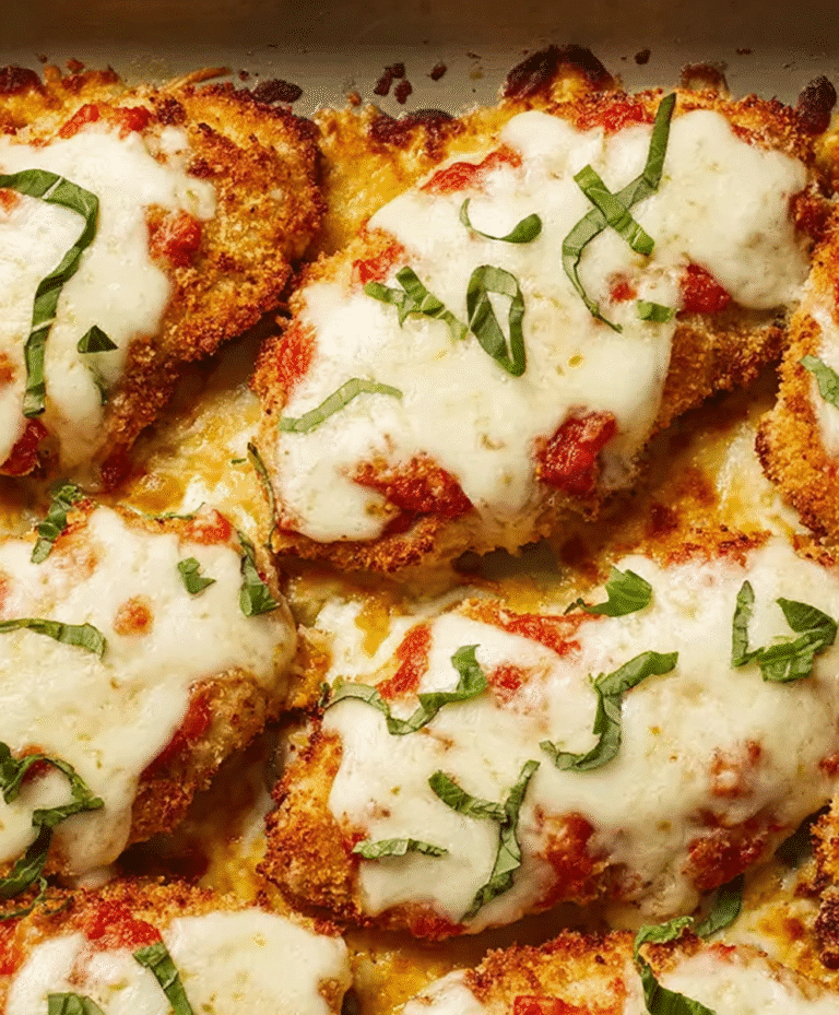 Baked parmesan chicken topped with melted mozzarella, tomato sauce, and fresh basil