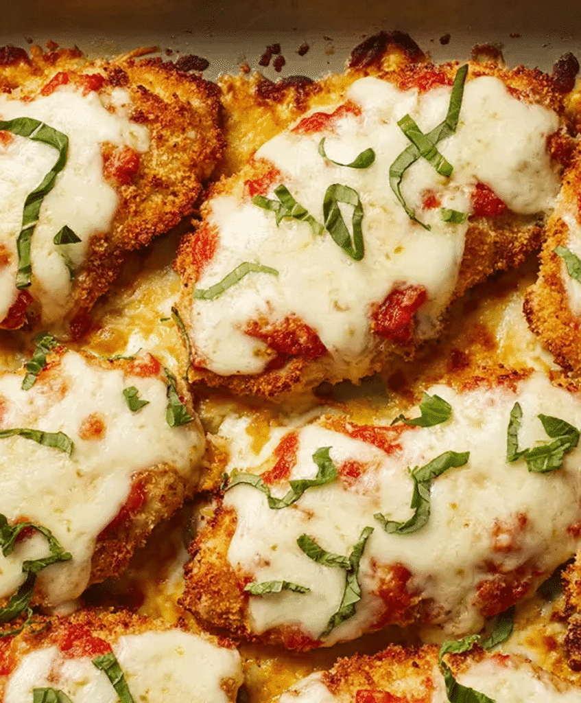 Baked parmesan chicken topped with melted mozzarella, tomato sauce, and fresh basil