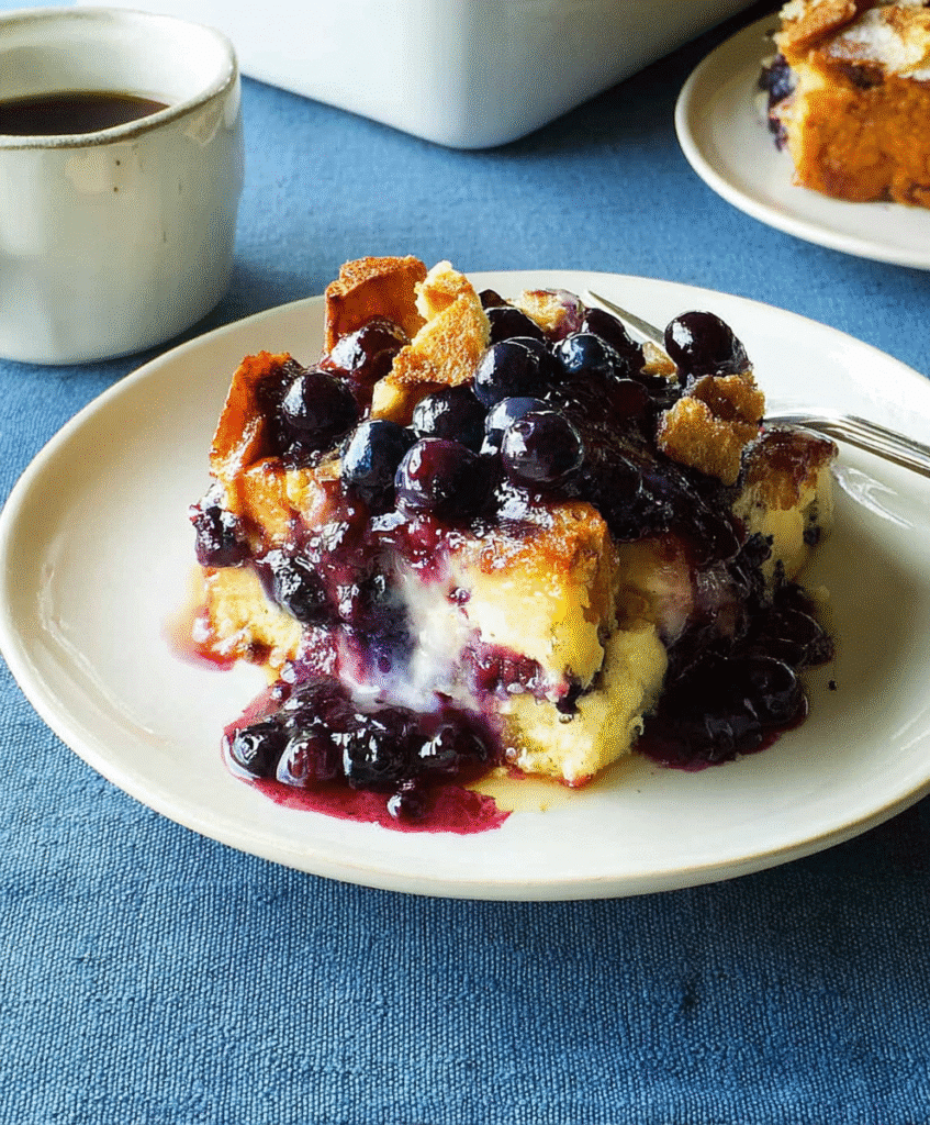 Overnight blueberry French toast casserole topped with warm blueberry sauce