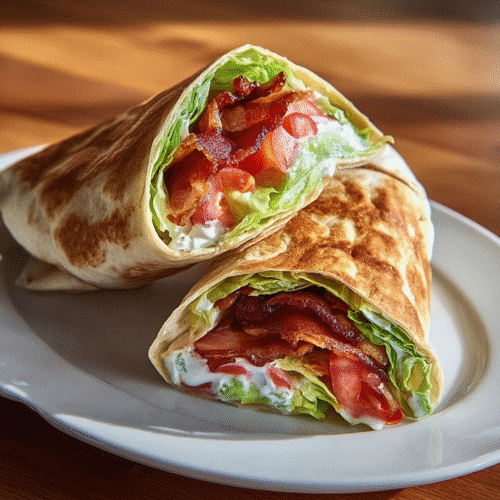 Crispy bacon, fresh lettuce, tomatoes, and creamy sauce wrapped in a toasted tortilla on a white plate.