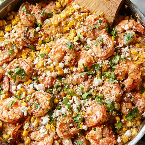Creamy Mexican street corn skillet with seasoned shrimp, cilantro, crumbled cheese, and lime wedges in a pan.