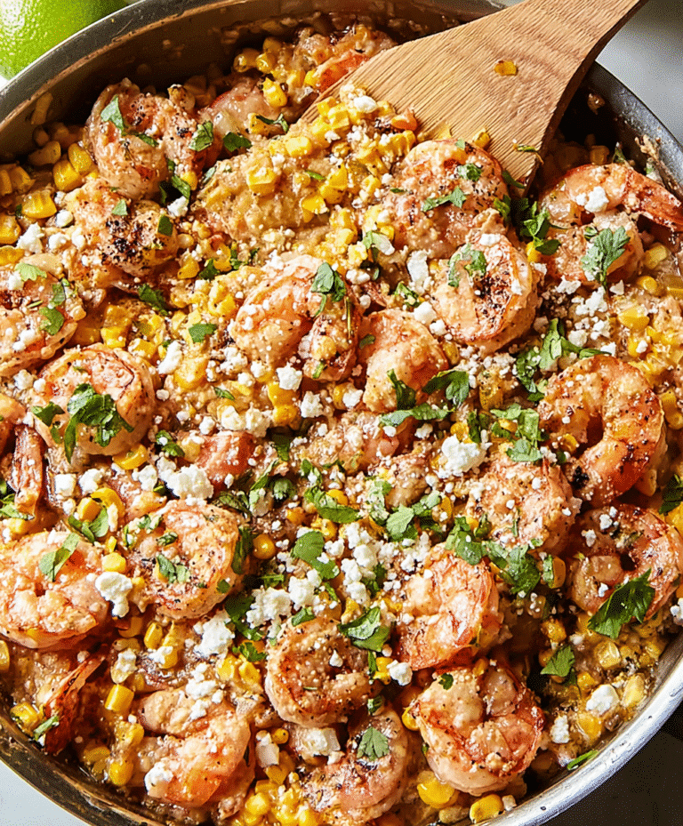 Creamy Mexican street corn skillet with seasoned shrimp, cilantro, crumbled cheese, and lime wedges in a pan.