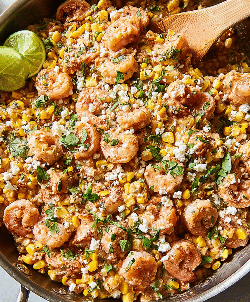 Creamy Mexican street corn skillet with seasoned shrimp, cilantro, crumbled cheese, and lime wedges in a pan.