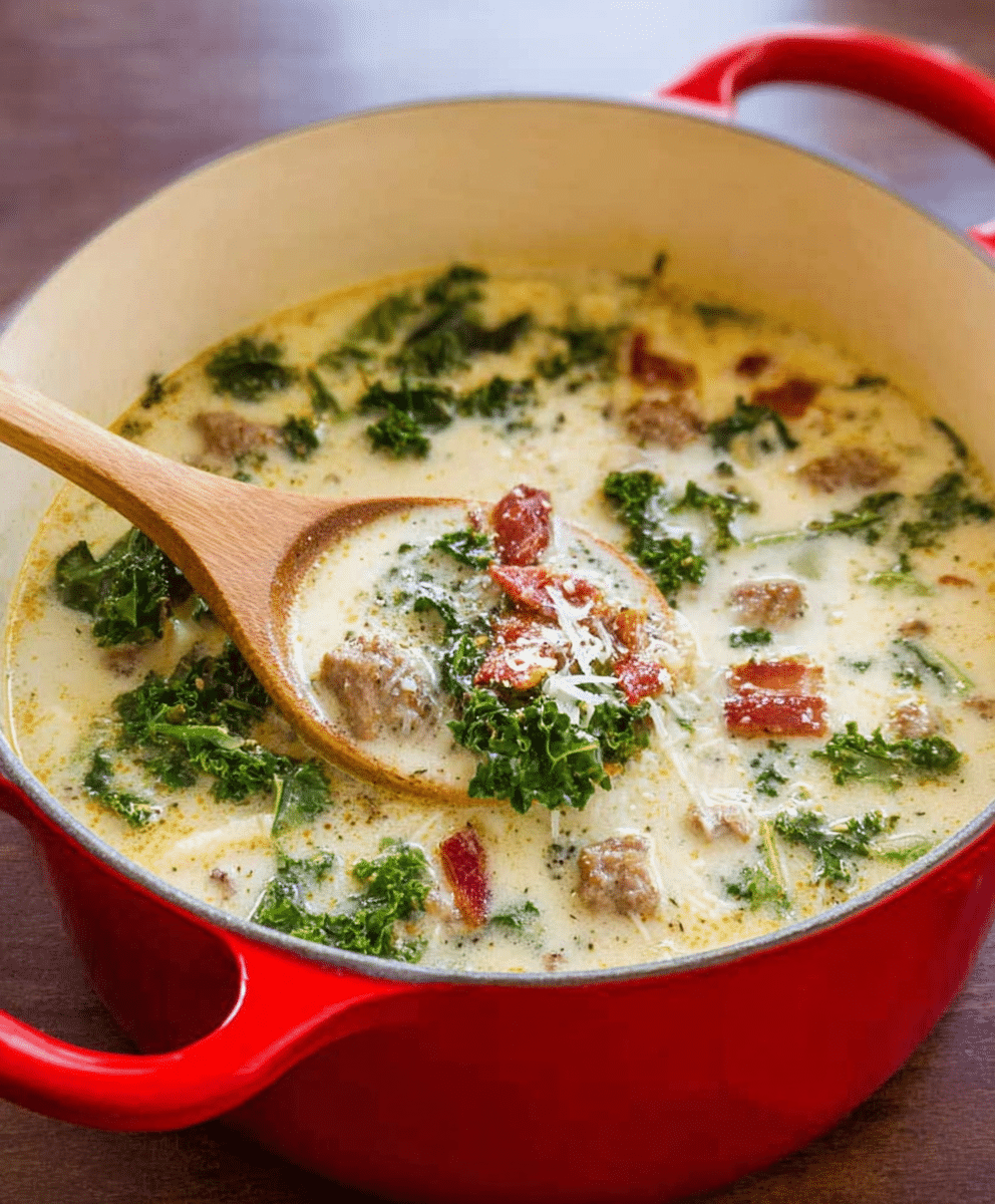 Creamy Zuppa Toscana soup with sausage, kale, bacon, and potatoes in a red pot.