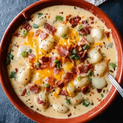 Overhead shot of a rustic bowl filled with creamy Bacon Cheddar Gnocchi Soup, garnished with crispy bacon, melted cheddar, and fresh green onions.