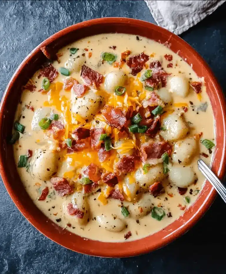 Overhead shot of a rustic bowl filled with creamy Bacon Cheddar Gnocchi Soup, garnished with crispy bacon, melted cheddar, and fresh green onions.
