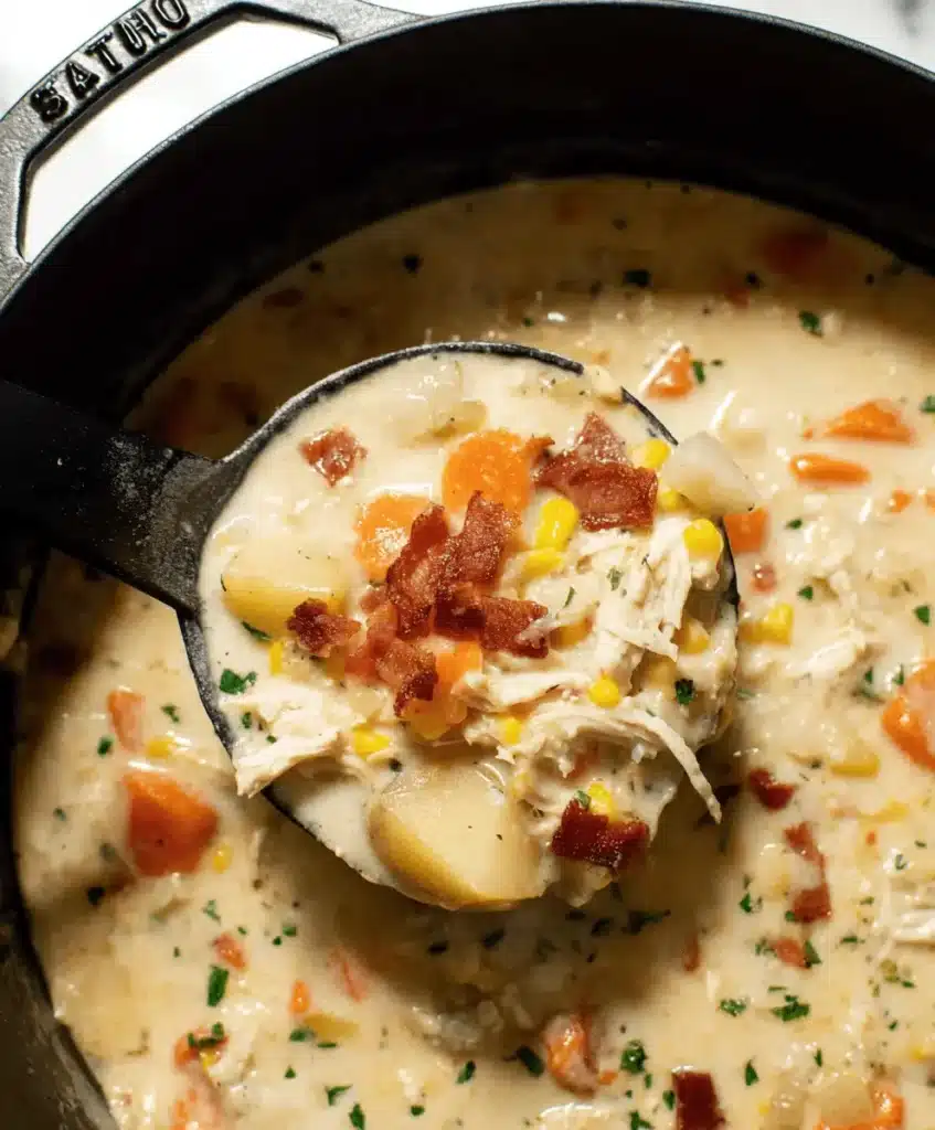 Close-up of a dark ladle serving hearty CREAMY CHICKEN AND POTATO SOUP, rich with shredded chicken, potatoes, carrots, corn, bacon, and herbs from a Staub pot.