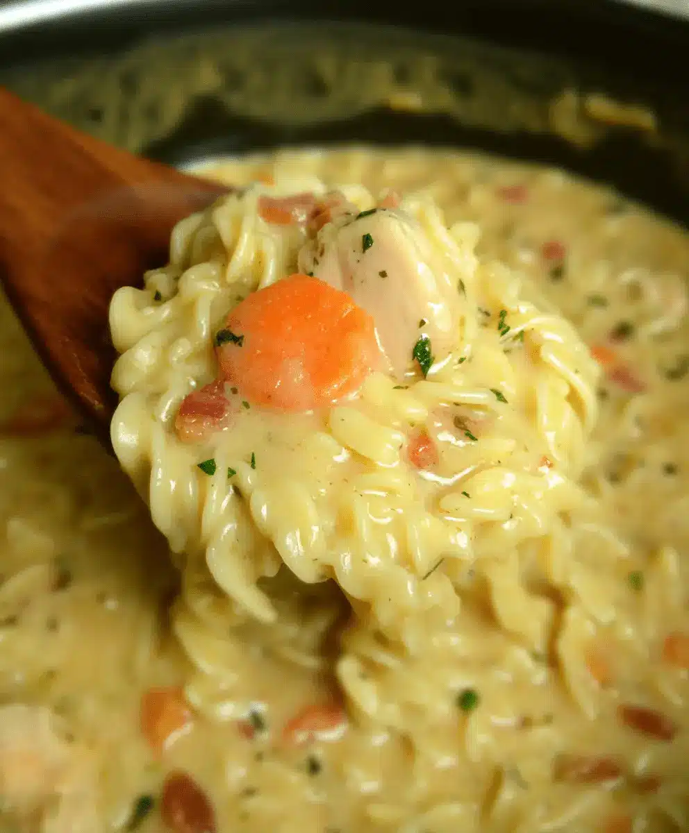 Creamy Crack Chicken Noodle Soup with spiral pasta, chicken, carrots, and bacon bits being scooped with a wooden spoon.