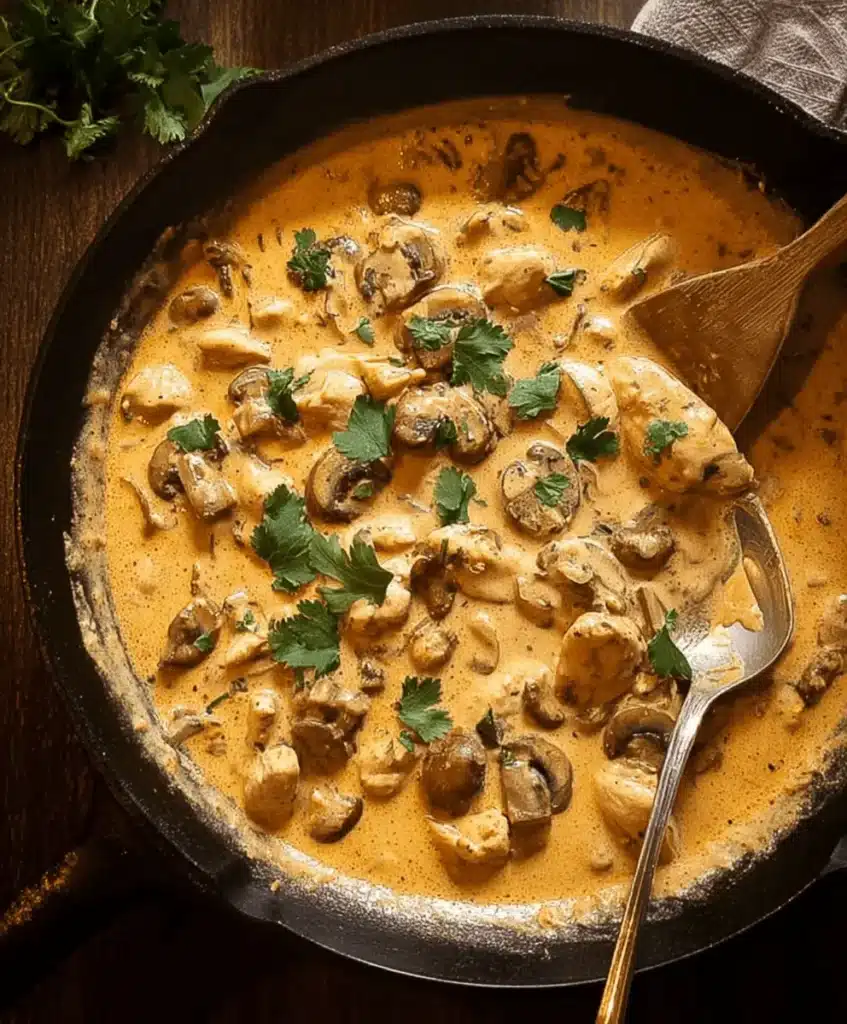 Warm and inviting Creamy Chicken Stroganoff with mushrooms and chicken in a rustic cast iron skillet, garnished with fresh cilantro.