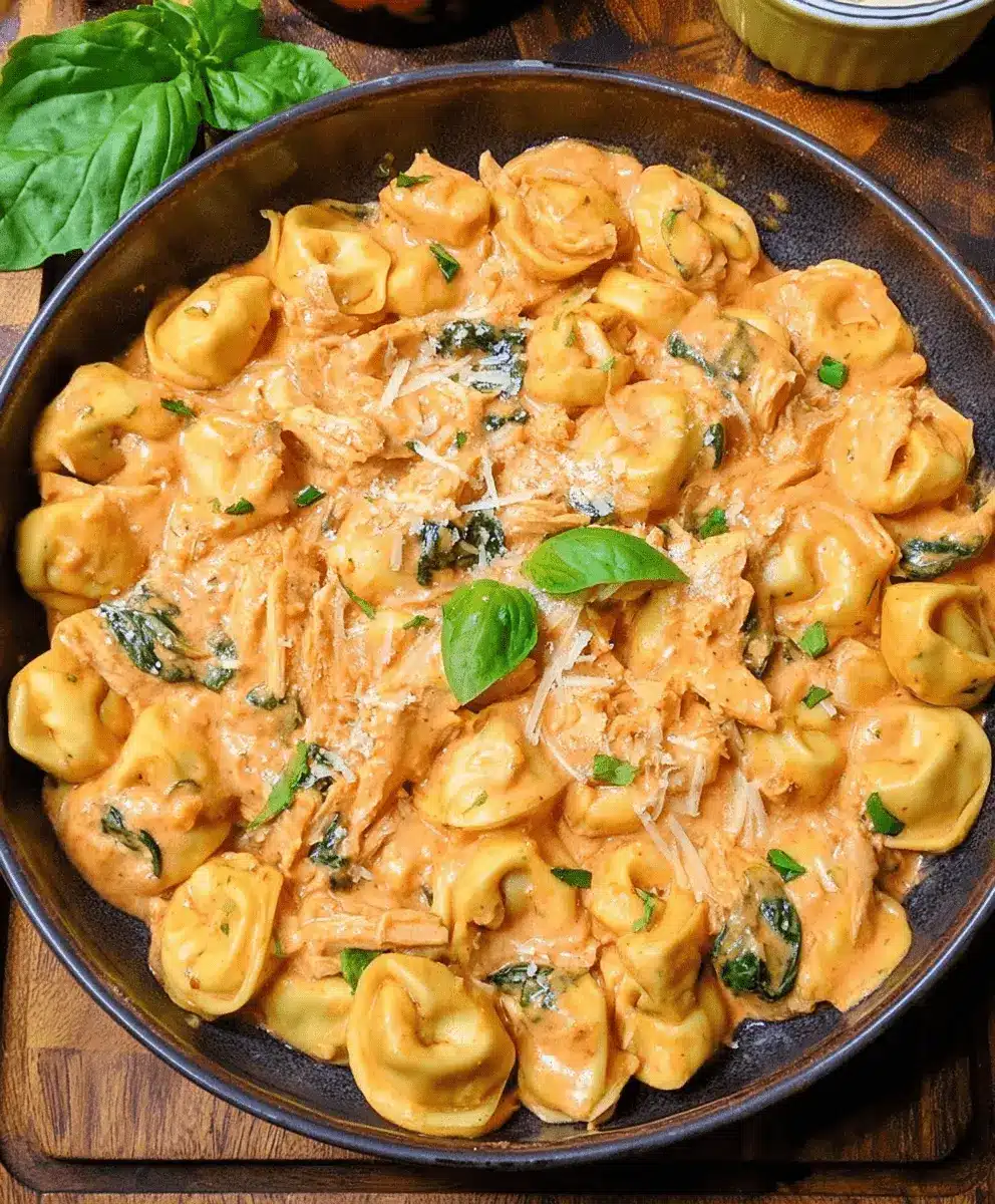 Close-up of creamy CrockPot Chicken Tortellini garnished with fresh basil and Parmesan cheese in a rustic bowl.